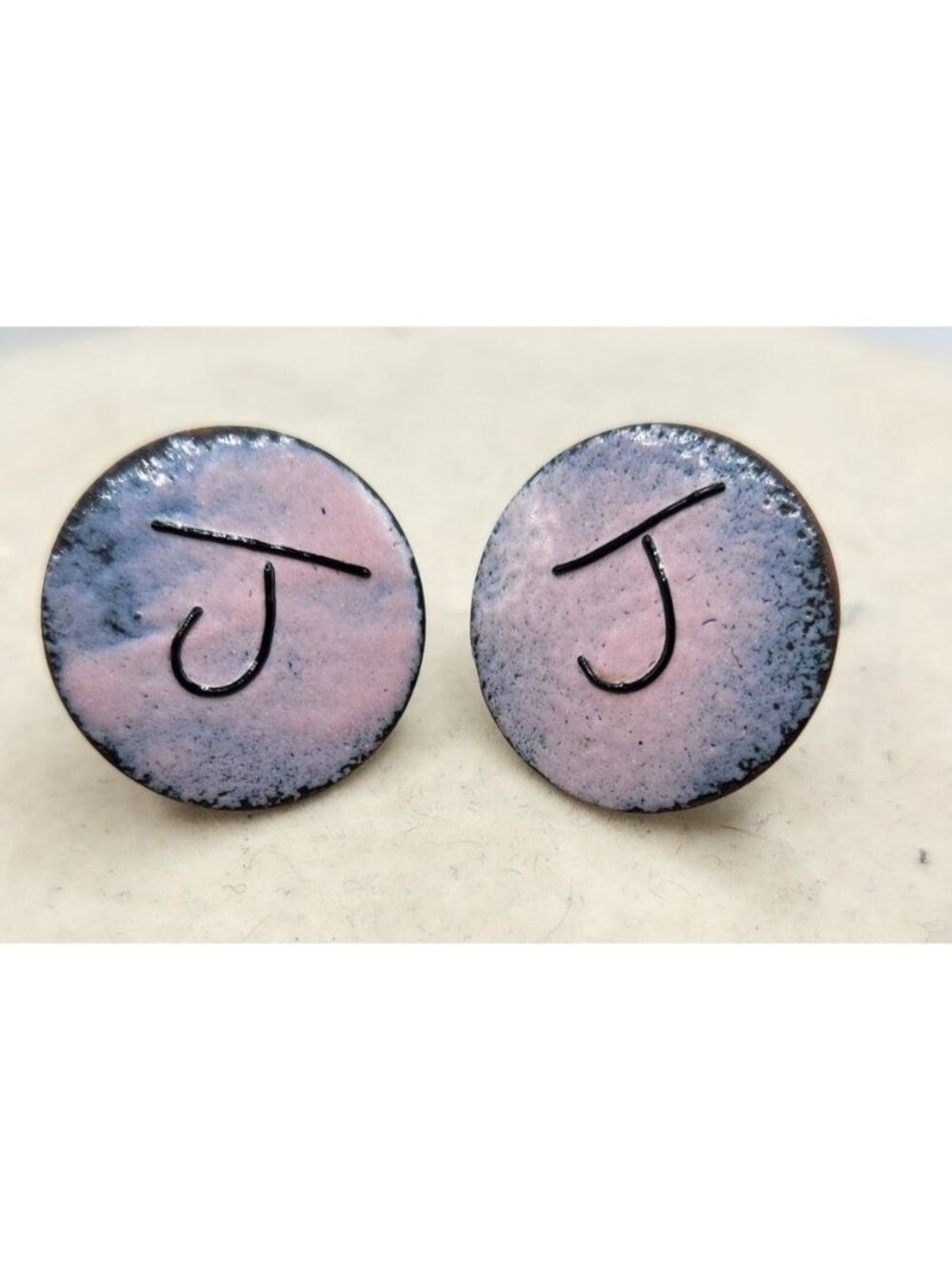 Handmade Copper Enamel Pink & Blue Monogram "J" Round Earrings